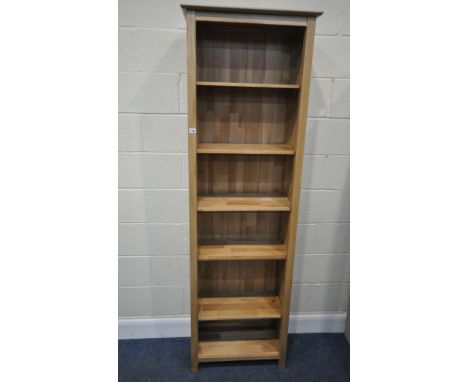 A MODERN TALL SLIM OPEN BOOKCASE, with five shelves, width 63cm x depth 32cm x height 200cm, condition report: missing one sh