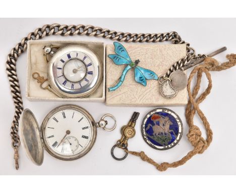 TWO SILVER POCKET WATCHES, ALBERT CHAIN AND TWO BROOCHES, the first a silver key wound half hunter pocket watch, blue enamel 