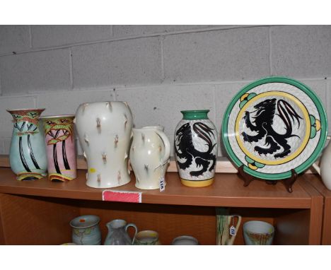 A GROUP OF SIX RADFORD ITEMS comprising three patterns each with two items to include a 'heraldic lion' patterned vase (heigh