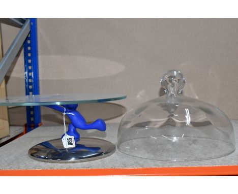 ALESSI BIMBOVELOCE CAKE STAND, designed in the 1990s by Mattia Di Rosa for Alessi, glass platter supported by the blue 'Runni