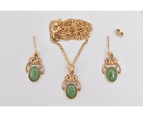 A JADE PENDANT NECKLACE WITH MATCHING EARRINGS, the pendant set with an oval jade cabochon, collet set to the open work surmo