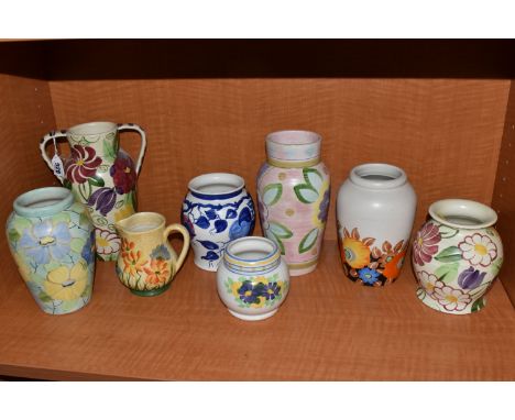 EIGHT PIECES OF RADFORD POTTERY, comprising seven vases, tallest 26cm, and a jug, shape and pattern numbers to include 20 EIH