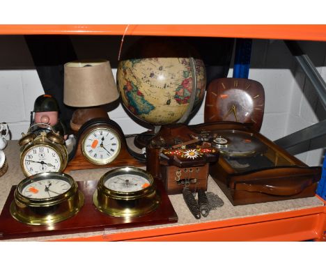 A GROUP OF CLOCKS AND SUNDRIES, comprising an illuminated globe by Scanglobe, a vintage teak wood wall clock (converted to ba