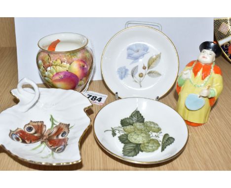 A GROUP OF FIVE ROYAL WORCESTER DECORATIVE ITEMS to include a hand-painted 'Fallen Fruits' vase, with the signature 'L K Till