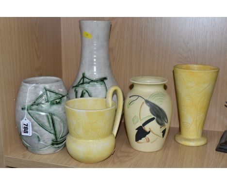 FIVE RADFORD 'SCRAFFIATO WARE' ITEMS comprising two vases with green etched ship designs of different forms to include shape 