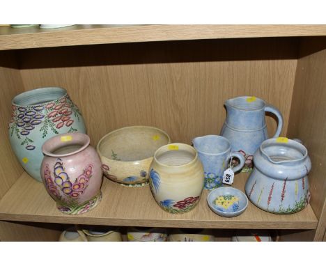 A GROUP OF EIGHT E RADFORD ART DECO ITEMS IN FOUR PATTERNS to include four 'IL/IM' patterned pieces comprising two jugs of di