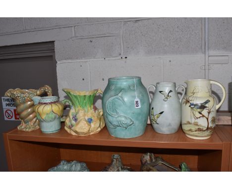 SIX PIECES OF RADFORD POTTERY, comprising a green vase with relief moulded fish, shape 235, height 22cm (has firing faults/cr