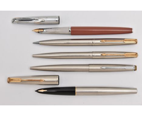 ASSORTED PENS, to include a 'Watermans' fountain pen fitted with a yellow metal nib stamped 14ct, a 'Parker' fountain pen, tw