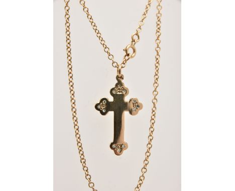 A 9CT GOLD DIAMOND SET CROSS PENDANT WITH CHAIN, polished cross set with single cut diamond accents, hallmarked 9ct Birmingha