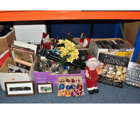FIVE BOXES AND LOOSE CHRISTMAS DECORATIONS, CDS, DVDS AND SUNDRY ITEMS, to include modern and vintage Christmas decorations, 