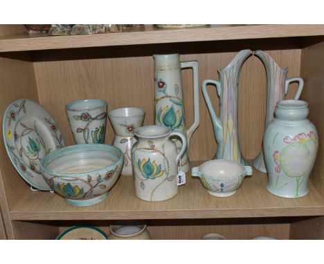 TEN PIECES OF RADFORD POTTERY, comprising six pieces of ME pattern, including an elongated jug, a conical vase and a footed b