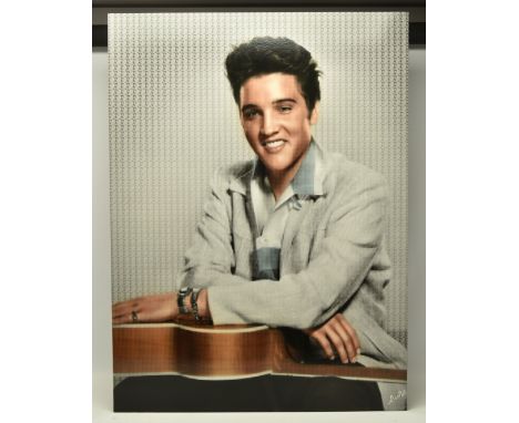 NICK HOLDSWORTH (BRITISH CONTEMPORY) 'ELVIS', a portrait of Elvis as a young man with a guitar, signed bottom right, mixed me