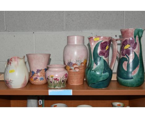 A GROUP OF E RADFORD PINK VASES AND JUGS to include two pink and green water jugs with matching patterns, height of tallest 2