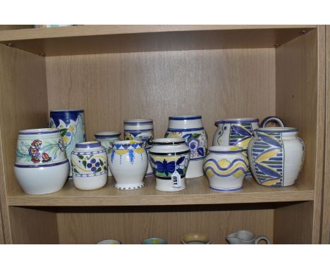 A GROUP OF ELEVEN E RADFORD WHITE AND FLORAL BANDED VASES AND A JUG comprising a water jug with two repeating bands of abstra