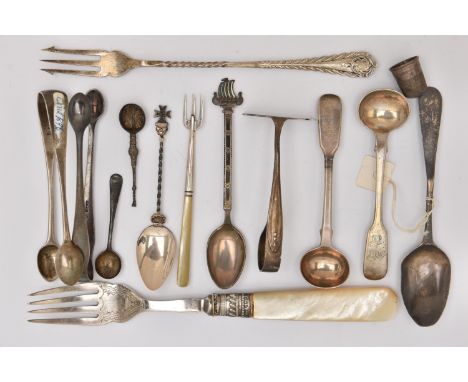 AN ASSORMENT OF SILVERWARE, to include a trident fork, two pairs of sugar tongs, a baby food pusher, two fiddle pattern condi