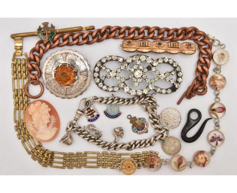 A BAG OF ASSORTED JEWELLERY, to include silver curb link charm bracelet, links stamped with sterling marks, fitted with a lob
