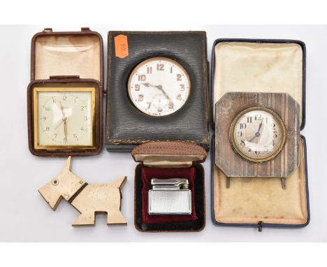 AN ASSORTMENT OF ITEMS, to include a novelty Bakelite dog lighter, a cased Colibri lighter, an art deco silver fronted travel