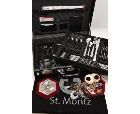 A SMALL BOX OF JEWELLERY AND A BRIEFCASE CANTEEN, hexagonal jewellery box together with costume chains, bracelets, rings, ear