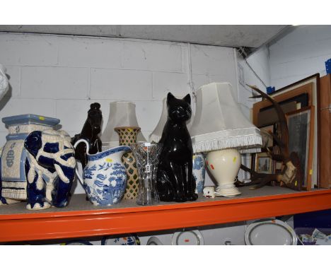 A QUANTITY OF LARGE VASES, ORNAMENTS, FRAMED PICTURES AND SUNDRIES, comprising four table lamps with cream shades, a large We