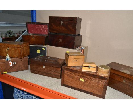 A COLLECTION OF VICTORIAN AND EARLY 20TH CENTURY WOODEN WORK BOXES, comprising a tea caddy with two separate internal compart