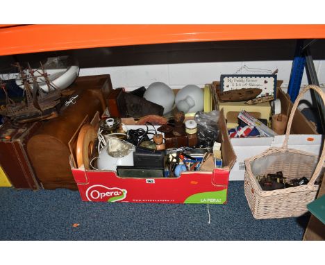 FOUR BOXES AND LOOSE MISCELLANEOUS SUNDRIES, two postcard albums, a model Galleon, a Boots 'Perfection' bed pan, an oak Cutle