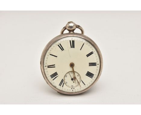 A VICTORIAN SILVER OPEN FACE POCKET WATCH, key wound, round white Roman numeral dial, subsidiary seconds dial at the six o'cl