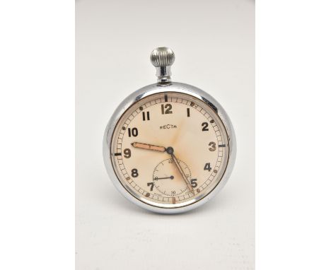 A MILITARY ISSUE OPEN FACE POCKET WATCH, manual wind, round silvered dial signed 'Recta', Arabic numerals, luminescent quarte