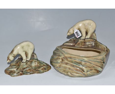 TWO PIECES OF RADFORD POTTERY DECORATED WITH POLAR BEARS, comprising a bowl and a trinket dish, each in the form of rocks sur