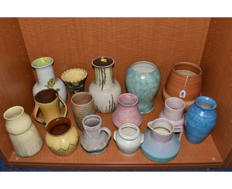 FIFTEEN RADFORD POTTERY VASES, in different shapes and styles, to include a waisted vase with zig-zag rim detail, height 19.5