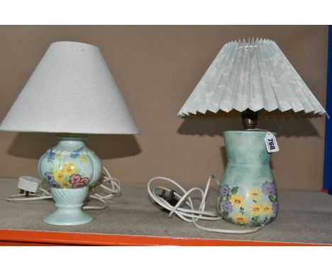 TWO RADFORD TABLE LAMPS comprising a green table lamp with floral patterns in yellow and purple, marked 'E Radford 309.MYG,' 