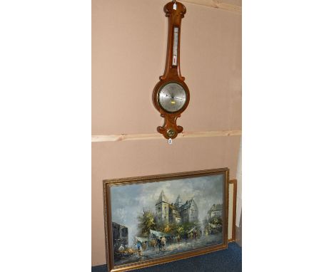 BURNETT PAINTING AND A BAROMETER ETC, the Burnett picture depicts a market square with cathedral beyond, signed bottom right,