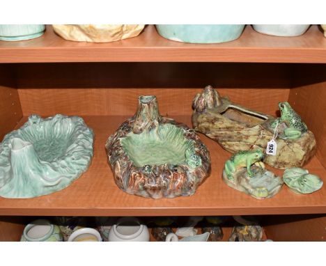 FIVE PIECES OF E RADFORD FROG THEMED POTTERY, comprising two large bowls with integral vase and holes for flowers, shaped as 