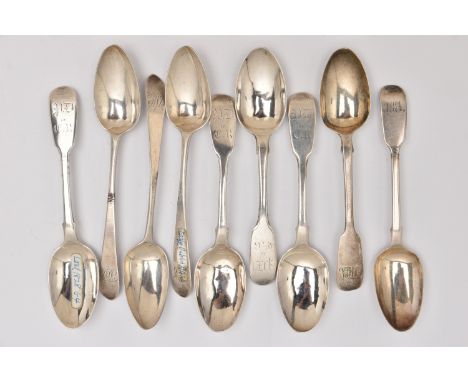 AN ASSORTMENT OF SILVER TEASPOONS, to include a set of silver fiddle pattern teaspoons with monogram engraving, two silver fi