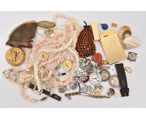 A BAG OF ASSORTED COSTUME JEWELLERY, to include three shell bead necklaces, a cultured pearl necklace AF, a clear bead neckla