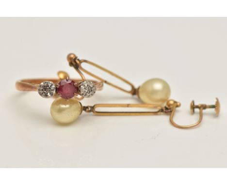AN 18CT GOLD GEM SET RING AND A PAIR OF EARRINGS, principally set with a circular cut ruby, flanked with two illusion set sin