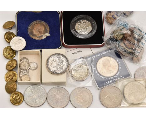 A SMALL CARDBOARD BOX  CONTAINING COINS ETC, to include a cased John Pinches Sterling Silver 1972 UK Duke of Windsor Commemor