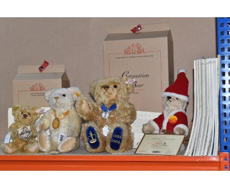 A COLLECTION OF FOUR STEIFF BEARS AND MAGAZINES to include a limited edition 'Coronation Bear' Numbered 891/1953 660870, with