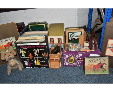 TWO BOXES AND LOOSE VINTAGE TOYS AND BOARD GAMES, to include a boxed game and original board of 'Totopoly' by the manufacture