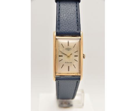 A LADIES YELLOW METAL 'ROTARY' WRISTWATCH, manual wind, rectangular gold tone dial signed 'Rotary 21 jewels', baton markers w