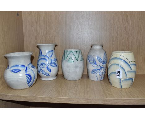 FIVE RADFORD POTTERY SCRAFFIATO WARE VASES, decorated with sgraffito floral and geometric patterns, shape numbers: two x 257,