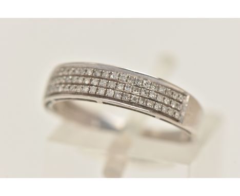 A 9CT WHITE GOLD DIAMOND RING, set with three rows of small single cut diamonds, stamped diamond weight 0.15ct, rubbed partia