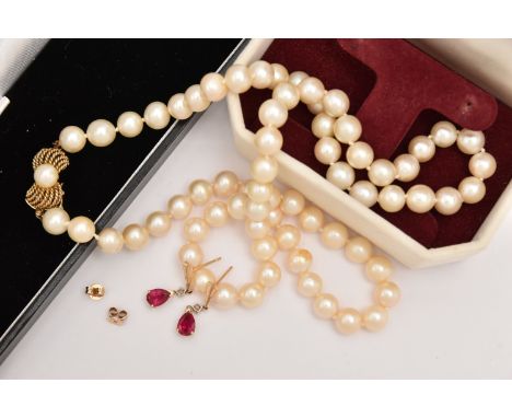 A PEARL NECKLACE AND A PAIR OF EARRINGS, a single strand of cultured pearls, fitted with a yellow metal clasp, approximate le