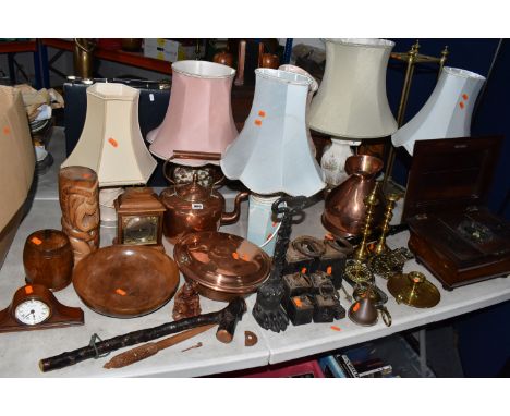 A GROUP OF METALWARE, LAMPS AND SUNDRY ITEMS, to include six table lamps, a brass stick stand, a copper kettle, jug and warmi