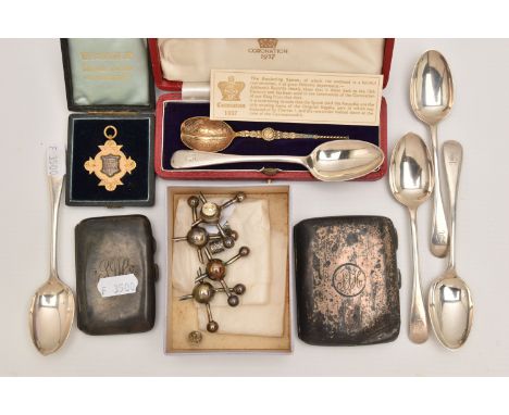 AN ASSORTMENT OF SILVER, to include two cigarette cases, both hallmarked Birmingham, a 1937 coronation spoon, hallmarked Shef