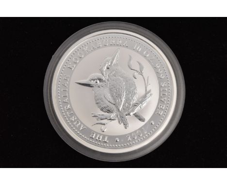 AN AUSTRALIA TEN OUNCE SILVER KOOKABURRA 2001 .999 COIN, 312.347 gram, 75.5mm, 10 Troy Ounce