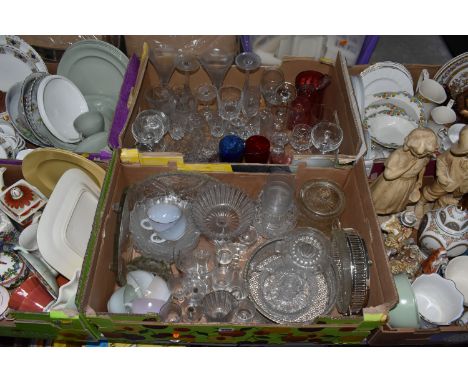 SIX BOXES OF MIXED CERAMIC AND GLASS WARES comprising two boxes of assorted glasses to include Arcopal tinted cups and saucer