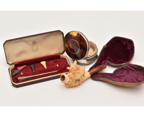 A CASED 'DUNHILL' SILVER CHEROOT, A CASED MEERSCHAUM PIPE AND A SILVER TRINKET BOX, polished cheroot hallmarked 'Alfred Dunhi