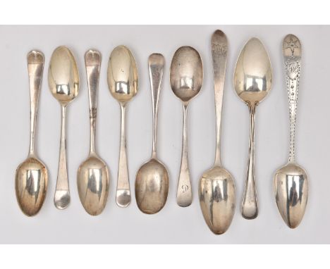 AN ASSORTMENT OF SILVER TEASPOONS, to include four Hanoverian pattern teaspoons, two old English pattern spoons with monogram