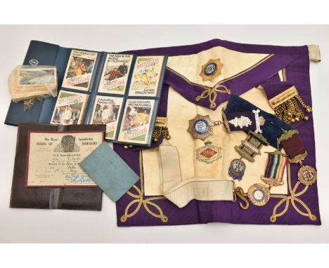 A SMALL ASSORTMENT OF MASONIC REGALIA, to include an apron, a silver 78 Millers Lodge medal, hallmarked Birmingham, approxima