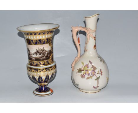A LARGE ROYAL WORCESTER EWER AND A NINTEENTH CENTURY VASE, the Royal Worcester ewer of bulbous form with elongated neck and f